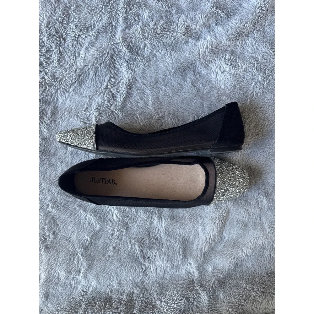 JustFab Crystal Black Mesh Glitter Cap Toe Ballet Flats Womens Size 8.5
